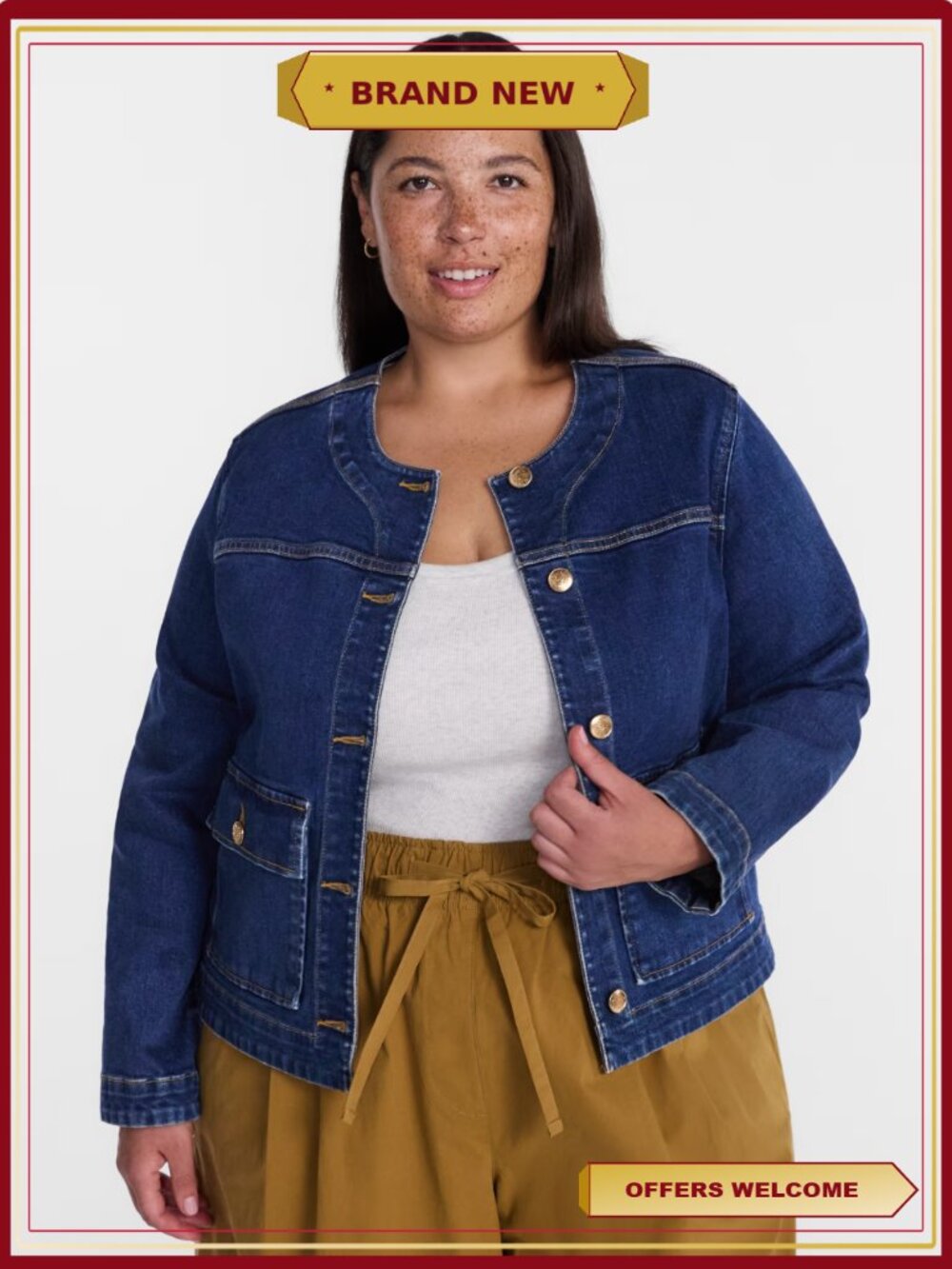 Plus Size Denim Lady Jacket Cropped Gold-Tone Buttons Patch Pockets